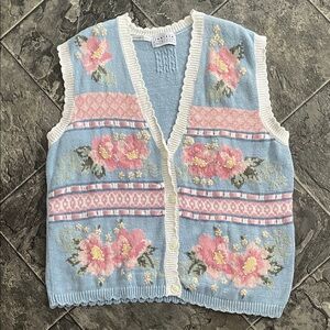JANTZEN Grandma Blue & Pink Knit Vest Ribbon Crochet Scallop Detailing Cozy